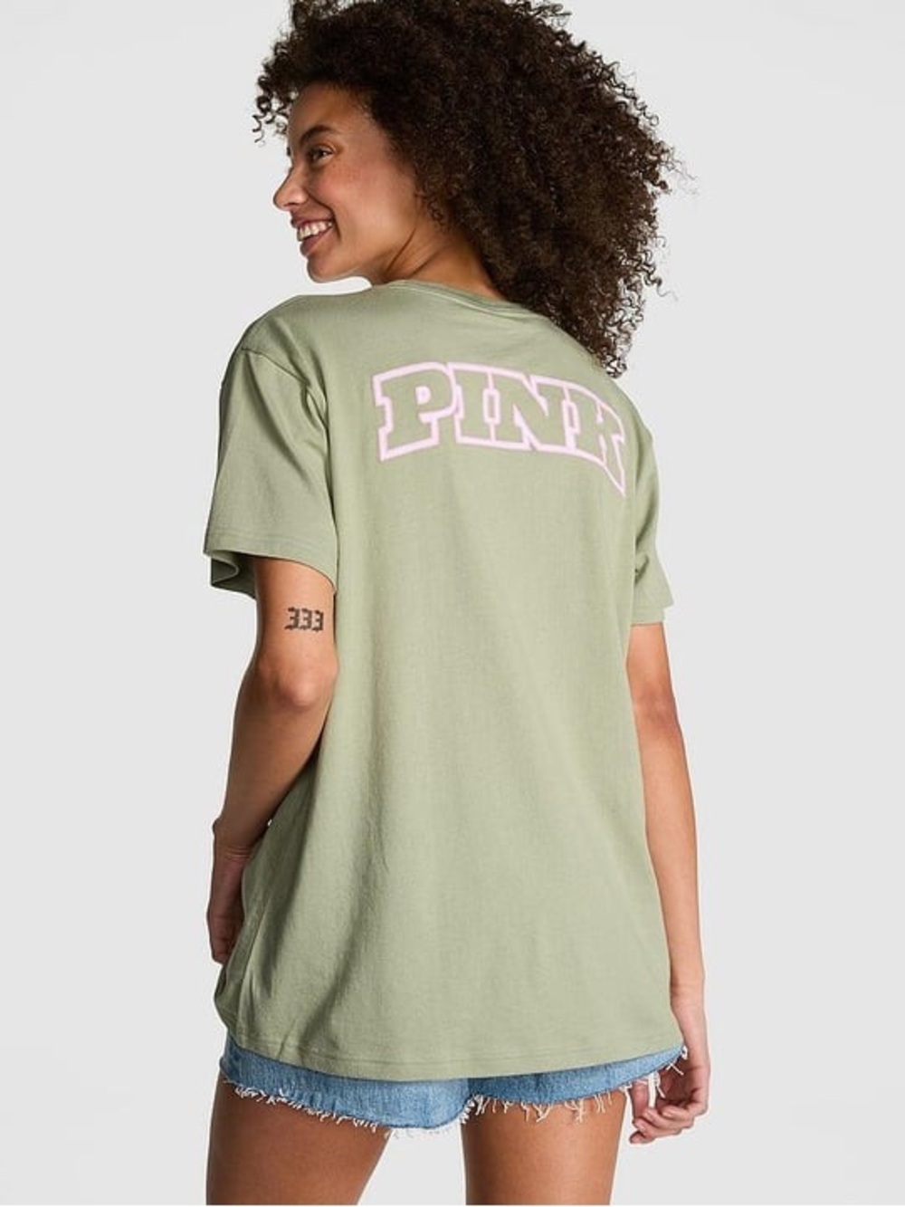100% Cotton VS PINK Campus Varisty Patch Arch Logo Oversized Boyfriend T-Shirt